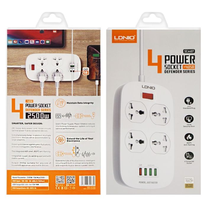 4 Sockets Power Extension with 4 USB Ports 2M by LDNIO (1 + 1 Free )
